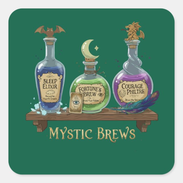 Mystic Brews | Whimsical Witchy Potions & Elixirs Quadratischer Aufkleber (Vorderseite)
