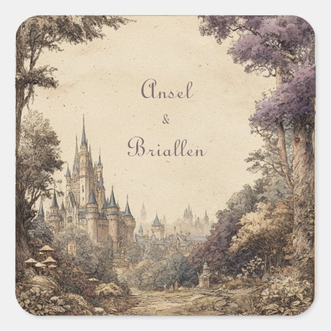 Mystic Castle Forest Wedding Quadratischer Aufkleber (Vorderseite)