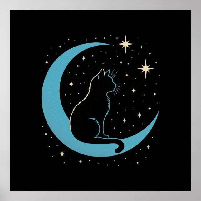 Mystic Cat on Blue Moon Night Sky Poster (Vorne)