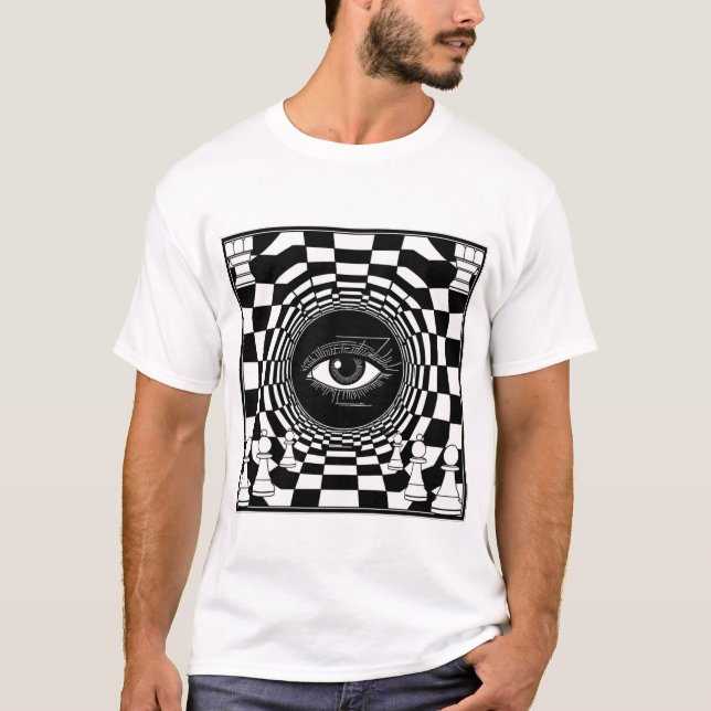 Mystic Chess Eye | Black & White Optical Chess Art T-Shirt (Vorderseite)