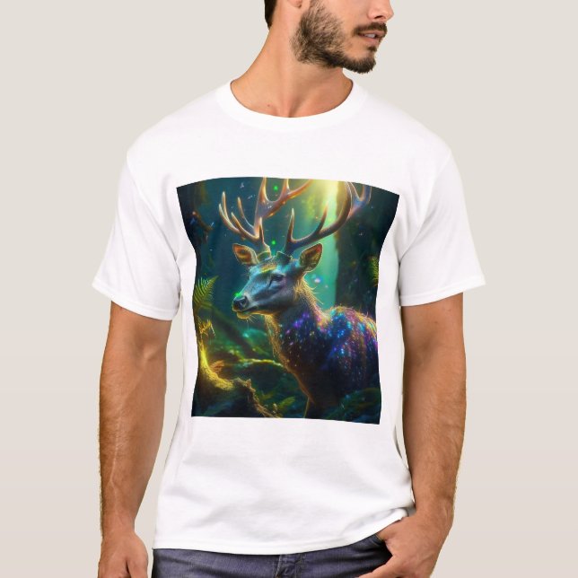 Mystic Christmas –Glowing Deer in Enchanted Forest T-Shirt (Vorderseite)