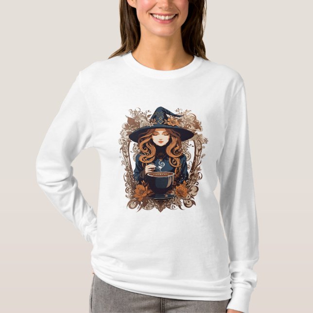 Mystic Coffee Witch – Autumn Floral Sweatshirt T-Shirt (Vorderseite)