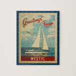 Mystic Connecticut Jigsaw Puzzle Sailboat Vintag<br><div class="desc">Dieses Greetings From Mystic Connecticut Vintage Reise nautische Design verfügt über ein Boot auf dem Wasser mit Möwen und einen blauen Himmel gefüllt mit prächtigen puffigen weißen Wolken.</div>