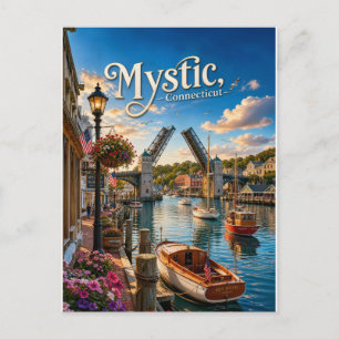 Mystic, Connecticut Klappbrücke Hafen Sonnenunterg Einladungspostkarte