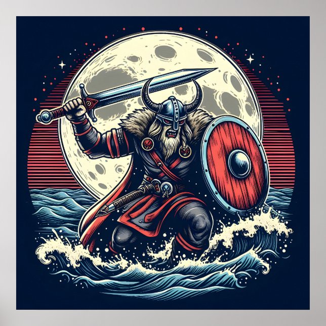 Mystic Crimson Red & White Warrior Moonlit Viking Poster (Vorne)