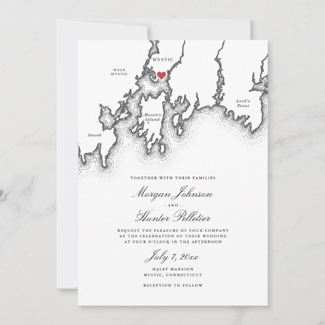 Mystic CT Map Elegant Black and White Wedding Einladung (Vorderseite)