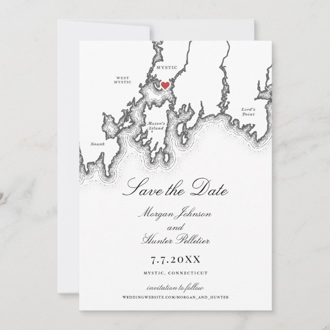 Mystic CT Map Elegant Black and White Wedding Save The Date (Vorderseite)