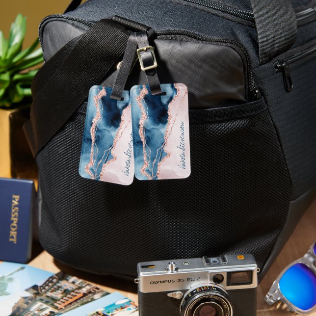 Mystic Elegance | Aquamarin Pink Peach Agate Monog Gepäckanhänger (Vorderseite & Rückseite)