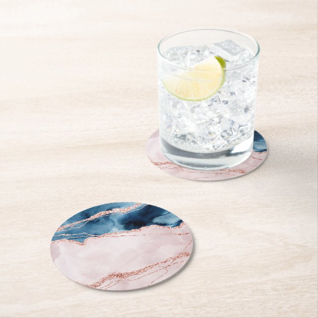 Mystic Elegance | Aquamarines Blau und Rose Gold A Runder Pappuntersetzer (Vor Ort)