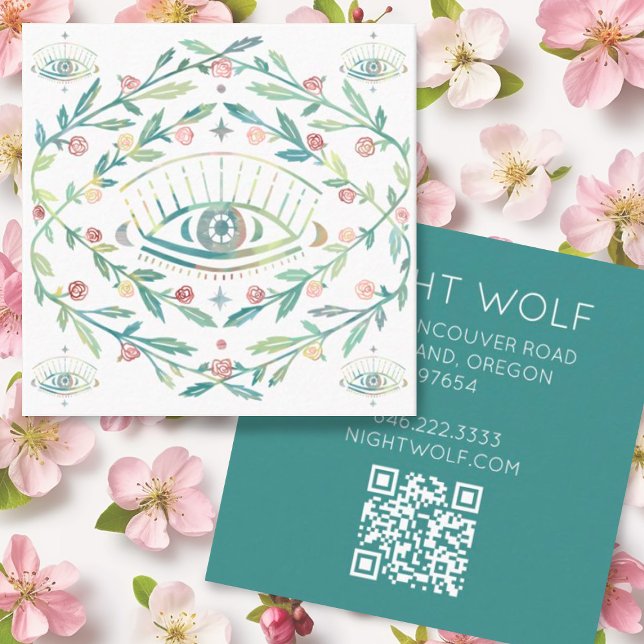 Mystic Eye Rose Reben Magischer Boho QR Code Quadratische Visitenkarte (Custom boho business cards with mystical eye and roses plus QR code)