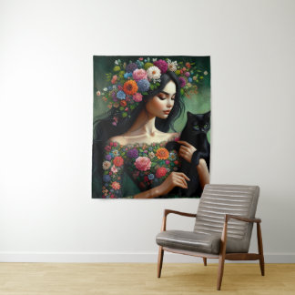 Mystic Floral Goddess with Black Cat – Fantasy Art Wandteppich