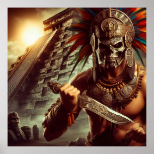 Mystic Golden Hued Surreal Aztec Warrior Illustrat Poster