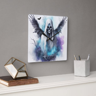 Mystic Halloween Ghost Gothic Wasserfarben Kunst Quadratische Wanduhr