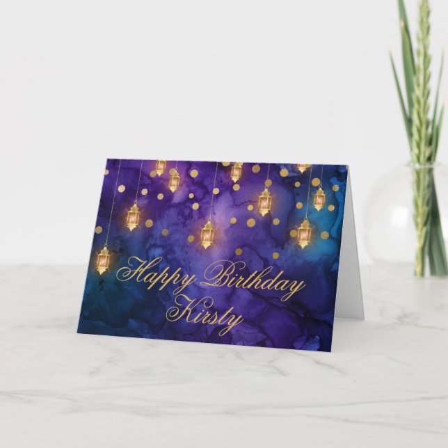 Mystic Lila Blue Fairy Lanterns Bokeh Birthday Karte (Vorderseite)