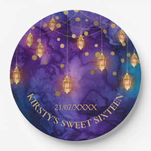 Mystic Lila Blue Lanterns & Gold Bokeh Sweet 16 Pappteller