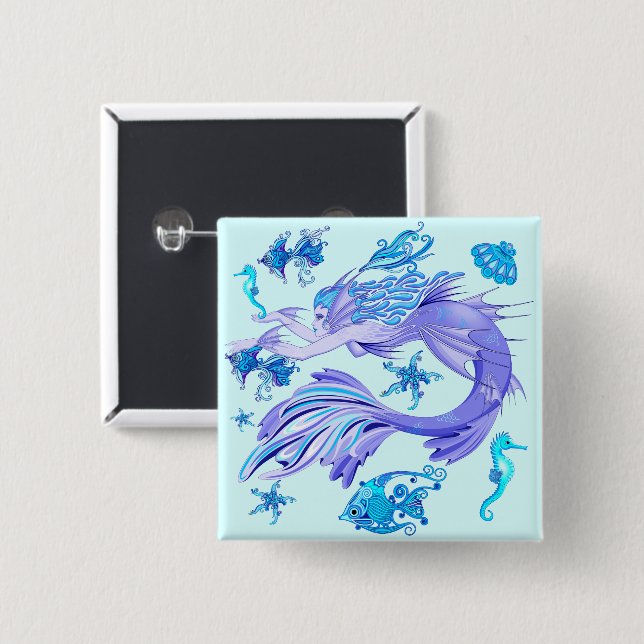 Mystic Mermaid Fairy Lila Creature Keramik Tile Button (Vorne & Hinten)