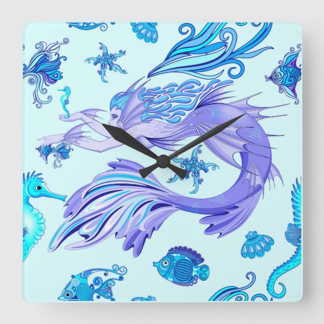 Mystic Mermaid Fairy Lila Creature Keramik Tile Quadratische Wanduhr (Vorderseite)
