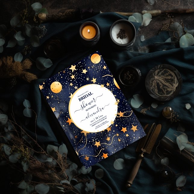 Mystic Midnight Blue und Gold Watercolor Bridal Einladung (Von Creator hochgeladen)