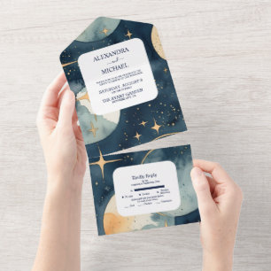 Mystic Midnight Blue und Gold Watercolor Wedding All In One Einladung