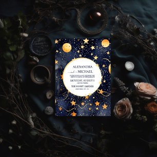 Mystic Midnight Blue und Gold Watercolor Wedding Einladung