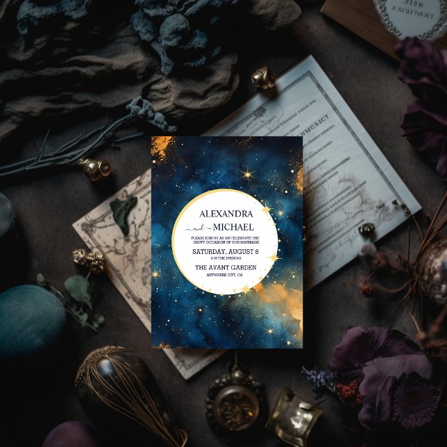 Mystic Midnight Blue und Gold Watercolor Wedding Einladung (Von Creator hochgeladen)