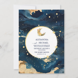 Mystic Midnight Blue und Gold Watercolor Wedding Einladung