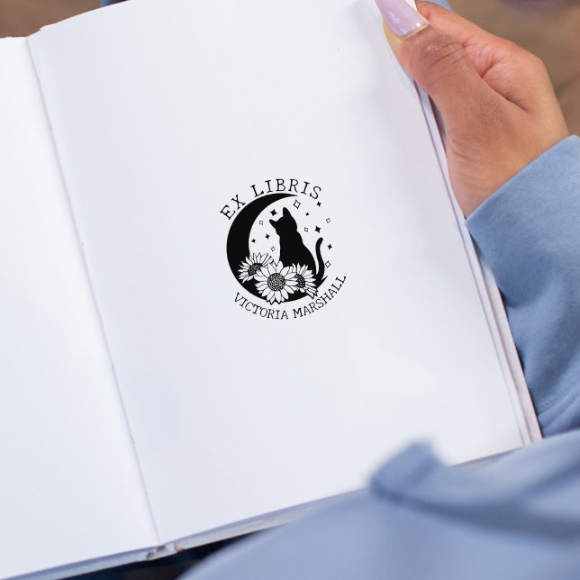 Mystic Moon Cat mit Sonnenblumen, Ex Libris Buch Gummistempel (Von Creator hochgeladen)
