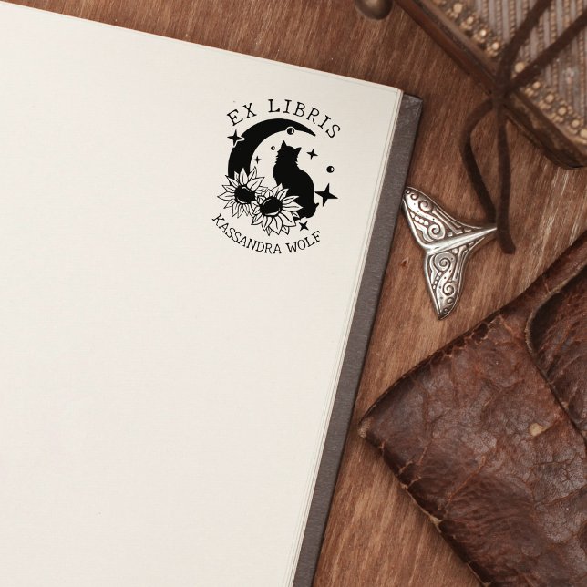 Mystic Moon Cat mit Sonnenblumen, Ex Libris Buch Gummistempel (Von Creator hochgeladen)