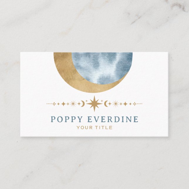 Mystic Moon Gold Blue Stars Astrologie Yoga Visitenkarte (Vorderseite)