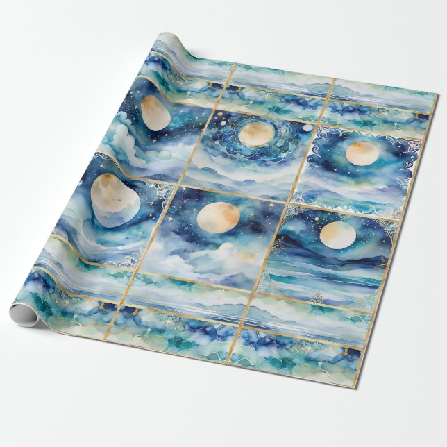 Mystic Moonlight Stars Ocean Blue Sea Decoupage Geschenkpapier (Ungerollt)