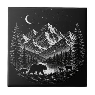 Mystic Mountain Wilderness Nacht im Linocut-Stil Fliese