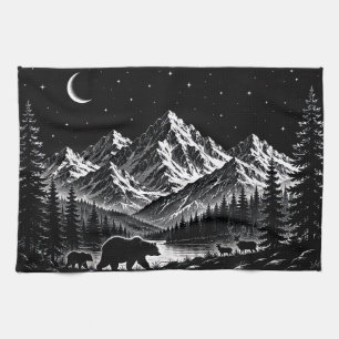Mystic Mountain Wilderness Nacht im Linocut-Stil Geschirrtuch