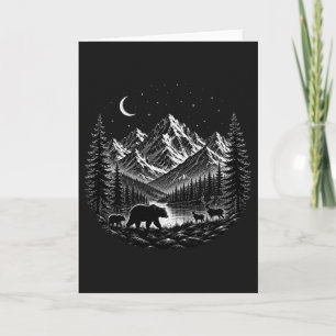 Mystic Mountain Wilderness Nacht im Linocut-Stil Karte