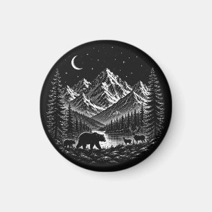 Mystic Mountain Wilderness Nacht im Linocut-Stil Magnet
