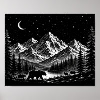 Mystic Mountain Wilderness Nacht im Linocut-Stil