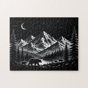 Mystic Mountain Wilderness Nacht im Linocut-Stil Puzzle
