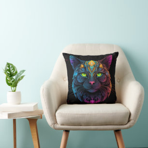 Mystic Neon Mandala Cat Psychedelic Feline Fantasy Kissen