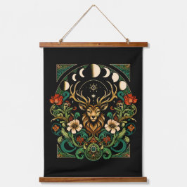 Mystic Pagan Stag and Moon Phase Wandteppich Mit Holzrahmen