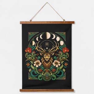 Mystic Pagan Stag and Moon Phase Wandteppich Mit Holzrahmen
