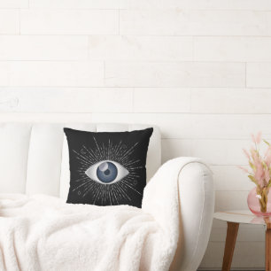 Mystic Silver & Blue Evil Eye Nazar Mati auf Black Kissen
