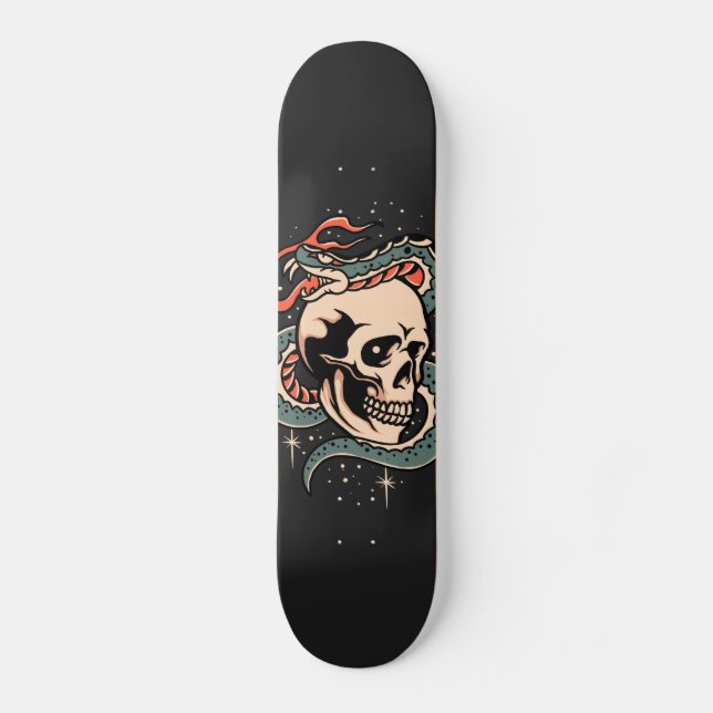 Mystic Snake Skull Illustration Gothic Cool Black Skateboard (Vorderseite)
