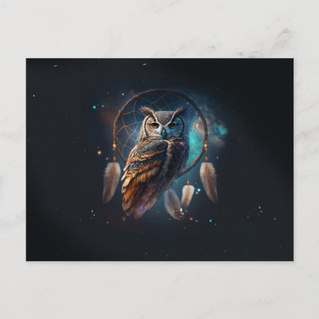 Mystic Space Owl mit Dreamcatcher Art Postkarte (Vorderseite)