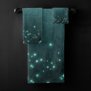 Mystic Twilight Stars Tief Aquamarin grünes Neon Badhandtuch Set