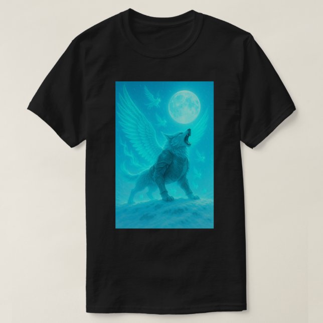 Mystic Winged Wolf Howling at the Moon T-Shirt (Design vorne)