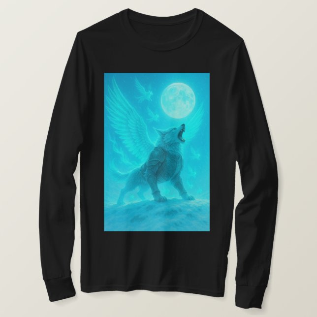 Mystic Winged Wolf Howling at the Moon T-Shirt (Design vorne)