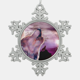 Mystic Wolf Howling am Mond Schneeflocken Zinn-Ornament