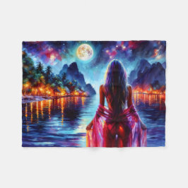 Mystic woman under full moon reflections art fleecedecke