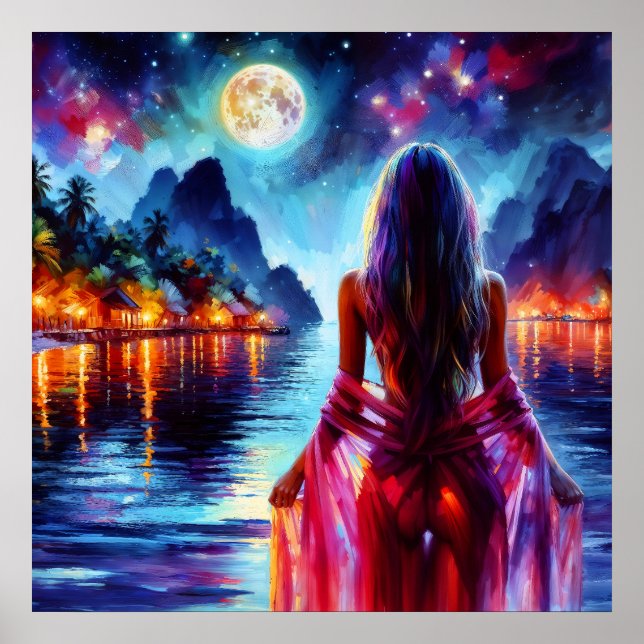 Mystic woman under full moon reflections art poster (Vorne)