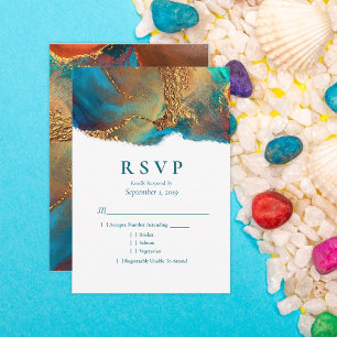 Mystical Abstrakt Aquamarin Coral Gold Wedding RSV RSVP Karte