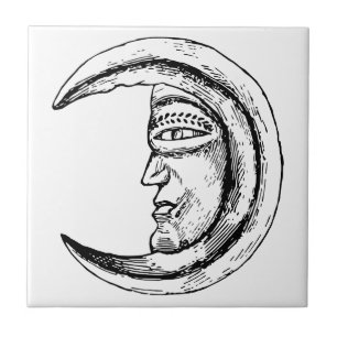 Mystical Antique Vintag Schwarz-weiß Moon Face Fliese